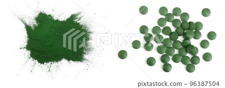 Spirulina algae powder and pills isolated on white background. Top view Spirulina algae powder and pills isolated on white background. Top view 96387504