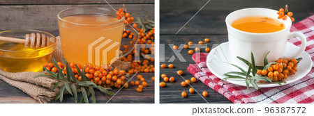 Tea of sea-buckthorn berries with honey on sackcloth and wooden background 96387572