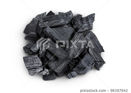 Natural wooden charcoal isolated on white background with full depth of field. Top view. Flat lay Natural wooden charcoal isolated on white background with full depth of field. Top view. Flat lay 96387642