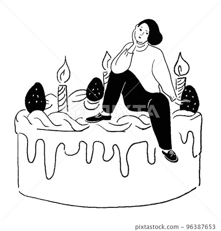 一個女人坐在蛋糕上思考的線條畫 96387653