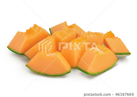 Cantaloupe melon pieces isolated on white background with full depth of field. 96387669