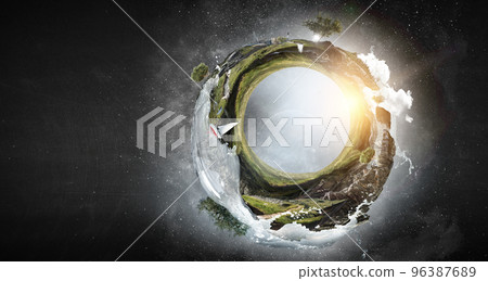 Green sphere landscape with grass and clear water 96387689