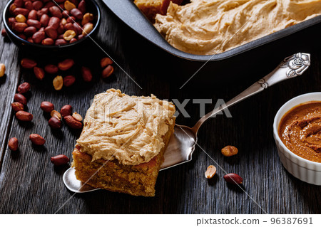 Sweet Peanut Butter Sheet Cake, top view 96387691