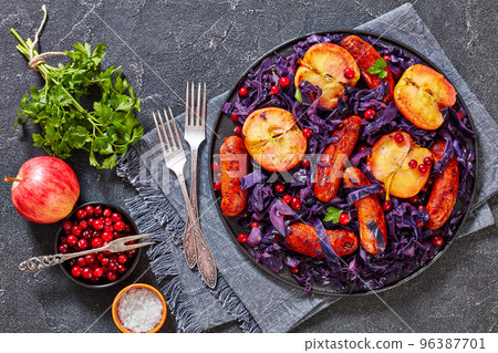 Seared Sausage, Red Cabbage and Apples on plate Seared Sausage, Red Cabbage and Apples on plate 96387701