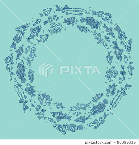 Vector doodle circle background with fishes of different shapes with various hand-drawn patterns, isolated 96389339