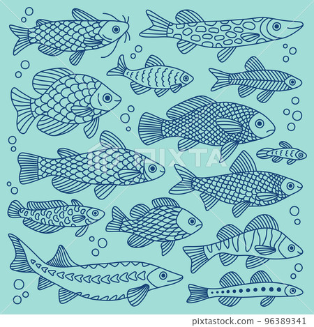 Vector doodle set of fish of different shapes with various hand-drawn patterns, isolated. Marine animals, sea, travel. 96389341