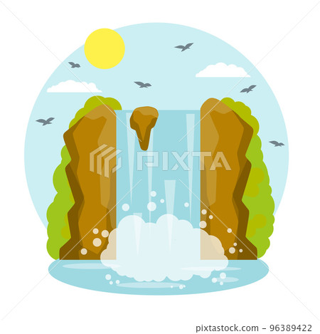 Waterfall on the mountain. Rocks and water. 96389422