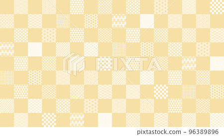 Horizontal background of golden checkered pattern with various Japanese patterns 96389896