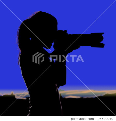 Camera girl camera landscape sunset morning sun girl background illustration 96390050