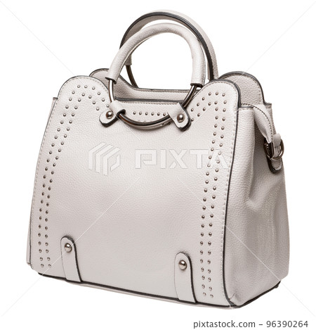 Beige leather women's bag with metal handles, on a white background 96390264