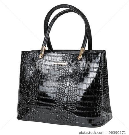 Black lacquered women's bag made of reptile skin, with two handles, on a white background 96390271