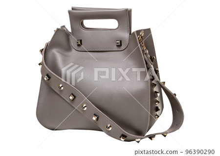 Gray women's bag with a long handle and decorative gold rivets, on a white background 96390290