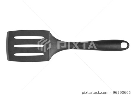 Black plastic cooking spatula isolated on white background. Kitchen utensils. Black plastic cooking spatula isolated on white background. Kitchen utensils. 96390665