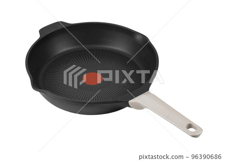 Modern empty cast frying pan with ceramic non-stick coating isolated on white background.  96390686