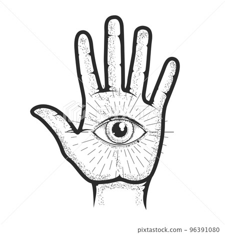 Hand palm of psychic with all seeing eye, mystic and occult palmistry, esoteric and fortune telling by hand, vector 96391080