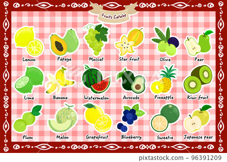 Catalog of various cute fruits such as pineapples, kiwis, melons and blueberries 96391209