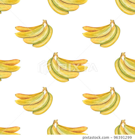 bright yellow bunch of bananas watercolor pattern on isolated white background, hand drawn. Perfect for card design, invitation, scrapbooking, fabric printing. 96391299