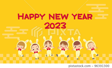 Illustration of cute little children wearing rabbit costumes New Year's card template 2023 Year of the Rabbit 96391300