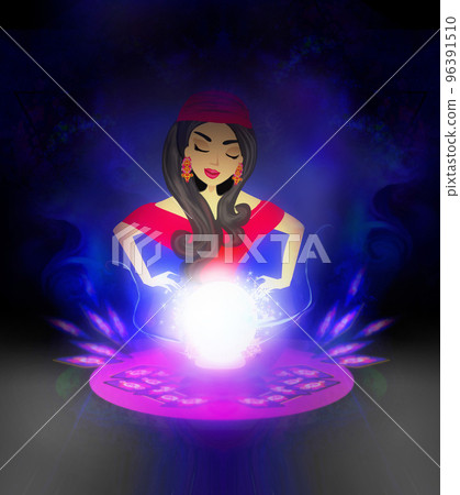 beautiful woman foretells the future from a glass ball and cards beautiful woman foretells the future from a glass ball and cards 96391510