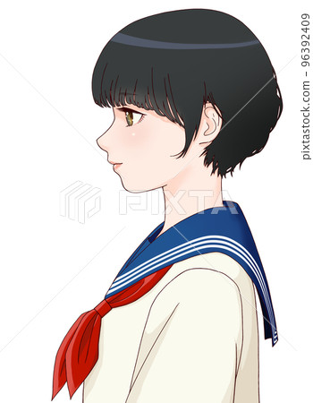 側身微笑女學生的彩色插圖,短髮,頭髮 = 黑色,絲帶 = 紅色 側身微笑女學生的彩色插圖,短髮,頭髮 = 黑色,絲帶 = 紅色 96392409