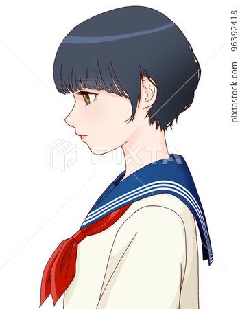 一個側身女學生的彩色插圖，頭朝下，短髮絲帶 = 紅色 96392418
