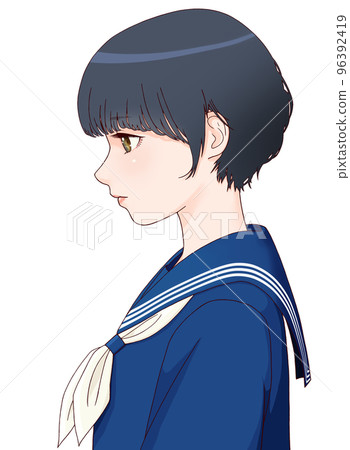 一個側身女學生的彩色插圖，頭朝下，短髮絲帶 = 白色 96392419