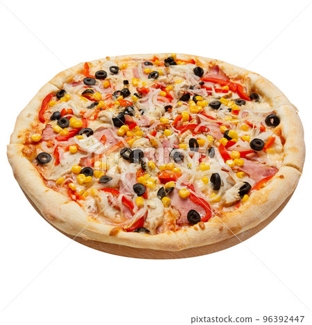 Italian pizza with prosciutto, sweet peppers and olives, side view, on a white background 96392447