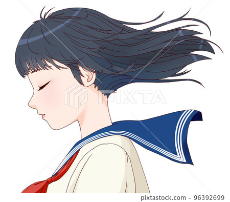 閉著眼睛頭髮隨風飄揚的側身女學生彩色插畫長髮絲帶=紅色 96392699