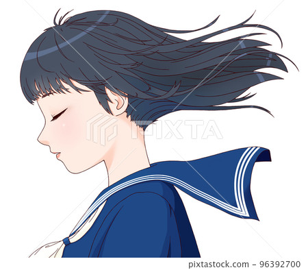 側身女學生彩色插畫閉眼頭髮隨風飄揚長髮絲帶=白 96392700