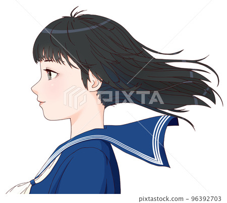 一個微笑的女學生的彩色插圖，她的頭髮在風中飄揚，長發，黑髮，白絲帶 96392703