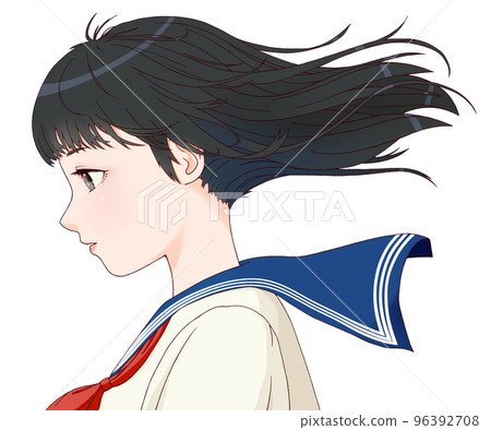 一名側身女學生的彩色插圖，頭髮在風中飄揚，長發，黑髮，紅絲帶 96392708