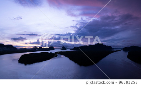 Aerial view of beautiful ocean against sky in the morning fog mist sunrise drone is flying over sea and mangrove forest Landscape High angle view Aerial view of beautiful ocean against sky in the morning fog mist sunrise drone is flying over sea and mangrove forest Landscape High angle view 96393255