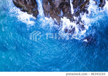 Aerial view of Amazing seashore at Phuket Thailand beautiful wave crashing on seacoast, Top view sea in summer season,Beautiful blue sea surface 96393283