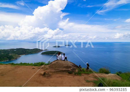 Group of travel people relax on the top of mountain,Beautiful view point to see landscape view and sky background at Black Rock Viewpoint,Phuket Thailand 96393285