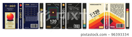 Retro VHS 80s tapes. Video cassette in nostalgia style. Glitch alphabet text. Old television screen. Film reel packaging. Movie recorder label cover template. Vector design posters set 96393334