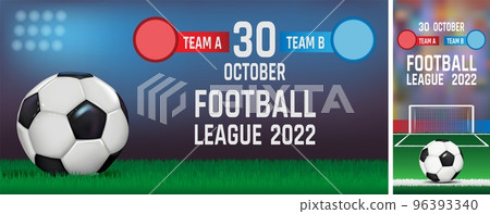 Soccer posters. Pitch goal flyer. Invite to match stadium. Green grass field. Ball and gate. Football club competition. Sport league championship. Team game tournament. Vector background Soccer posters. Pitch goal flyer. Invite to match stadium. Green grass field. Ball and gate. Football club competition. Sport league championship. Team game tournament. Vector background 96393340
