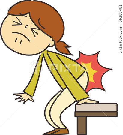 Illustration of a woman with pain in her lower back when she got up from bed Illustration of a woman with pain in her lower back when she got up from bed 96393491