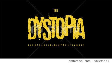 High rough font, grunge alphabet, dystopia style letters for military game logo, industrial headline, streetwear lettering, skateboard design, urban graffiti typeset. Vector typographic design 96393547