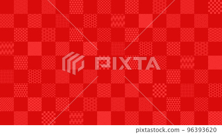 Horizontal background of red checkered pattern with various Japanese patterns 96393620