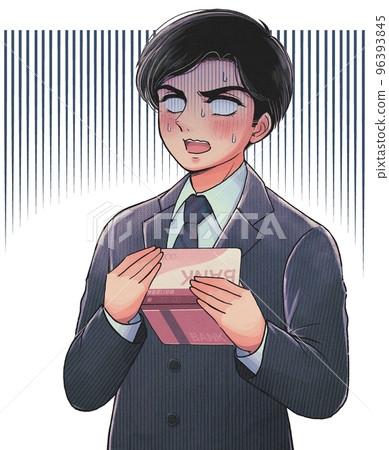 Illustration of a poor businessman who is depressed looking at a passbook in retro cartoon style 96393845