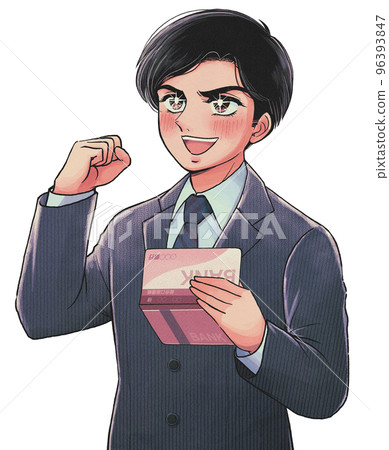 復古卡通風格的上班族擺出膽量姿勢看著銀行存摺 96393847