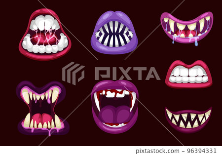 Monsters mouths. Halloween scary monster teeth and tongue in mouth. Scary lips teeth and tongue monsters. Monstrous mouths, emotions Monsters mouths. Halloween scary monster teeth and tongue in mouth. Scary lips teeth and tongue monsters. Monstrous mouths, emotions 96394331