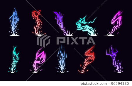 Lightning animation set with sparks. Cartoon lightning effect. Thunderbolt strike comic sprite asses for 2D game 96394380