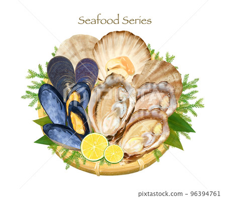 奢華海鮮拼盤-貝類-海鮮系列插畫手繪套裝素材 96394761