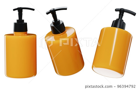 Cosmetic dispenser mockup 3D render, yellow plastic care product bottle template isolated on white background 96394792