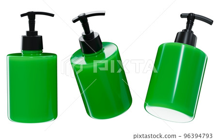 Cosmetic dispenser mockup 3D render, green plastic care product bottle template isolated on white background 96394793