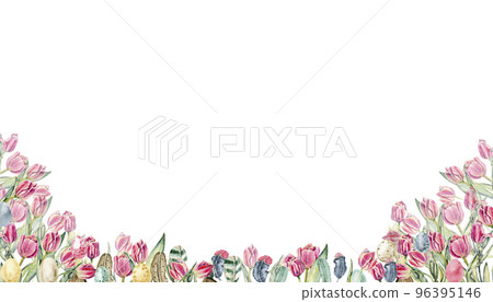 Floral seamless horizontal border with pink flowers, green leaves and plants, tulips. Watercolor pattern on a white background, panoramic illustration of a spring meadow.Perfect for for postcards. 96395146
