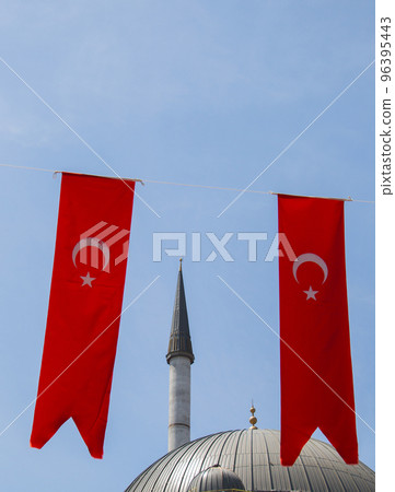 Ottoman Turkish style mosque minaret  as Religious Muslim temple architecture 96395443