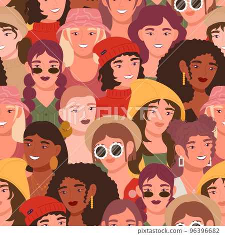 Feminist movement, women parade pattern. Happy femmes faces, multicultural girls together. People community. Decor textile, wrapping paper, wallpaper design. Vector seamless background 96396682