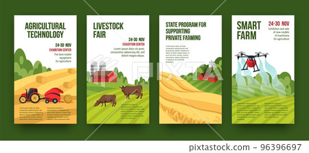 Agriculture farm land. Harvest backgrounds. Flyers design with farmer field. Livestock fair. Countryside agricultural landscape. Support programs. Robot drone. Vector banner scenes set 96396697